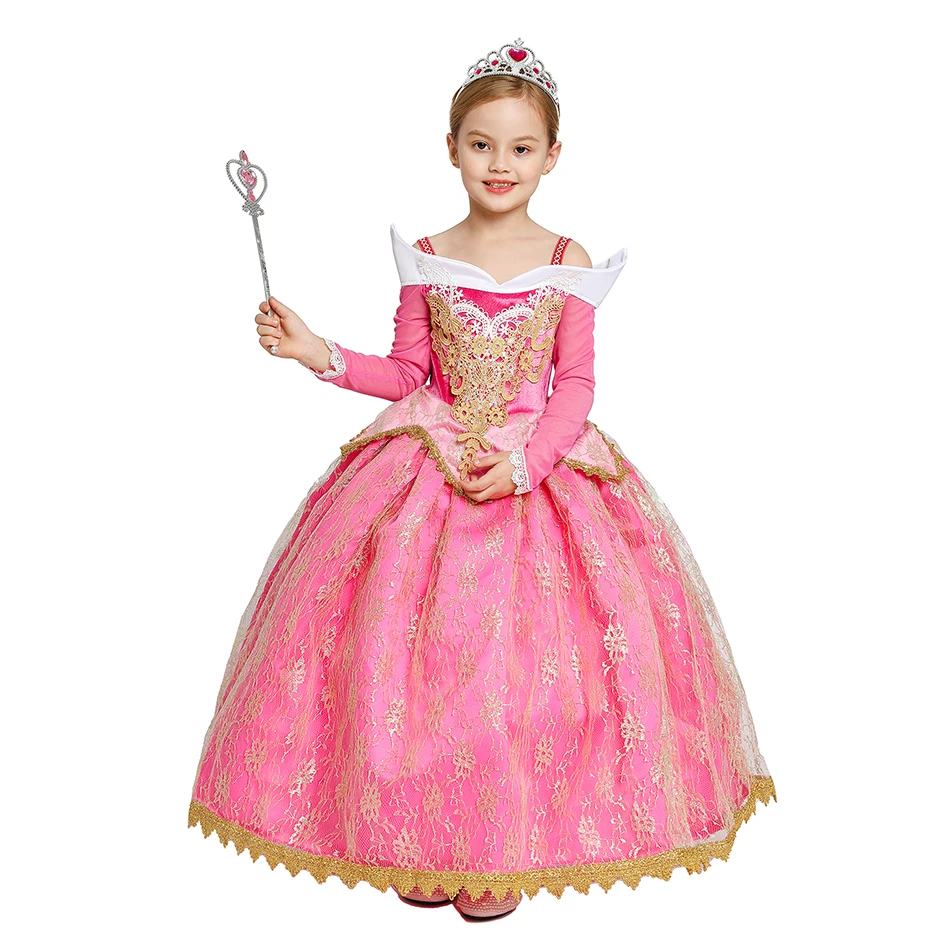 Muababy Sleeping Beauty Pink Off Shoulder Gown for Girls Long Sleeve Princess Halloween Party Cosplay Costume 2-8Y Birthday Gift