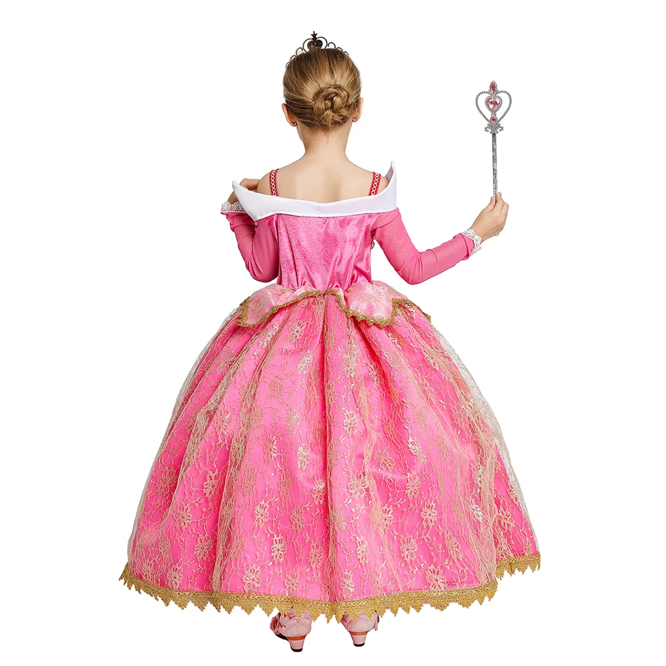 Muababy Sleeping Beauty Pink Off Shoulder Gown for Girls Long Sleeve Princess Halloween Party Cosplay Costume 2-8Y Birthday Gift