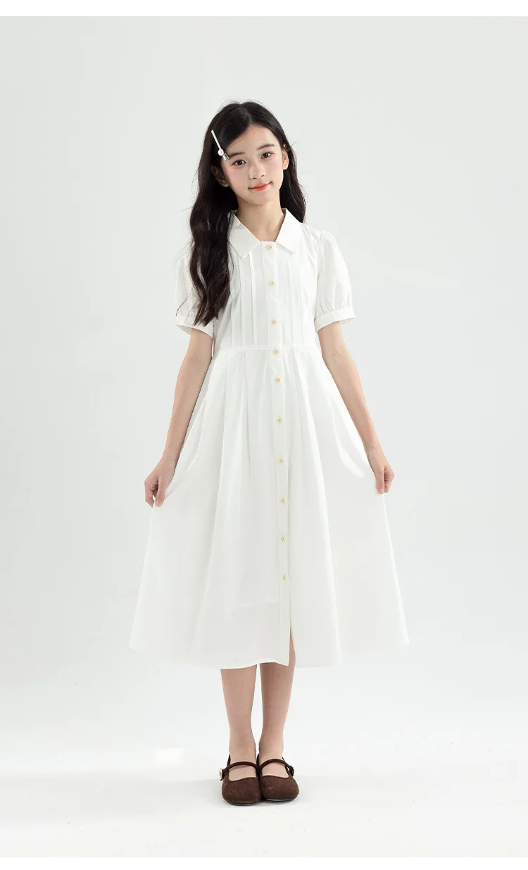 Girls Blue White Cotton Preppy Shirt Midi Dress Collared Button Down Puff Sleeve Back Bow Casual School Summer Kids Sundress