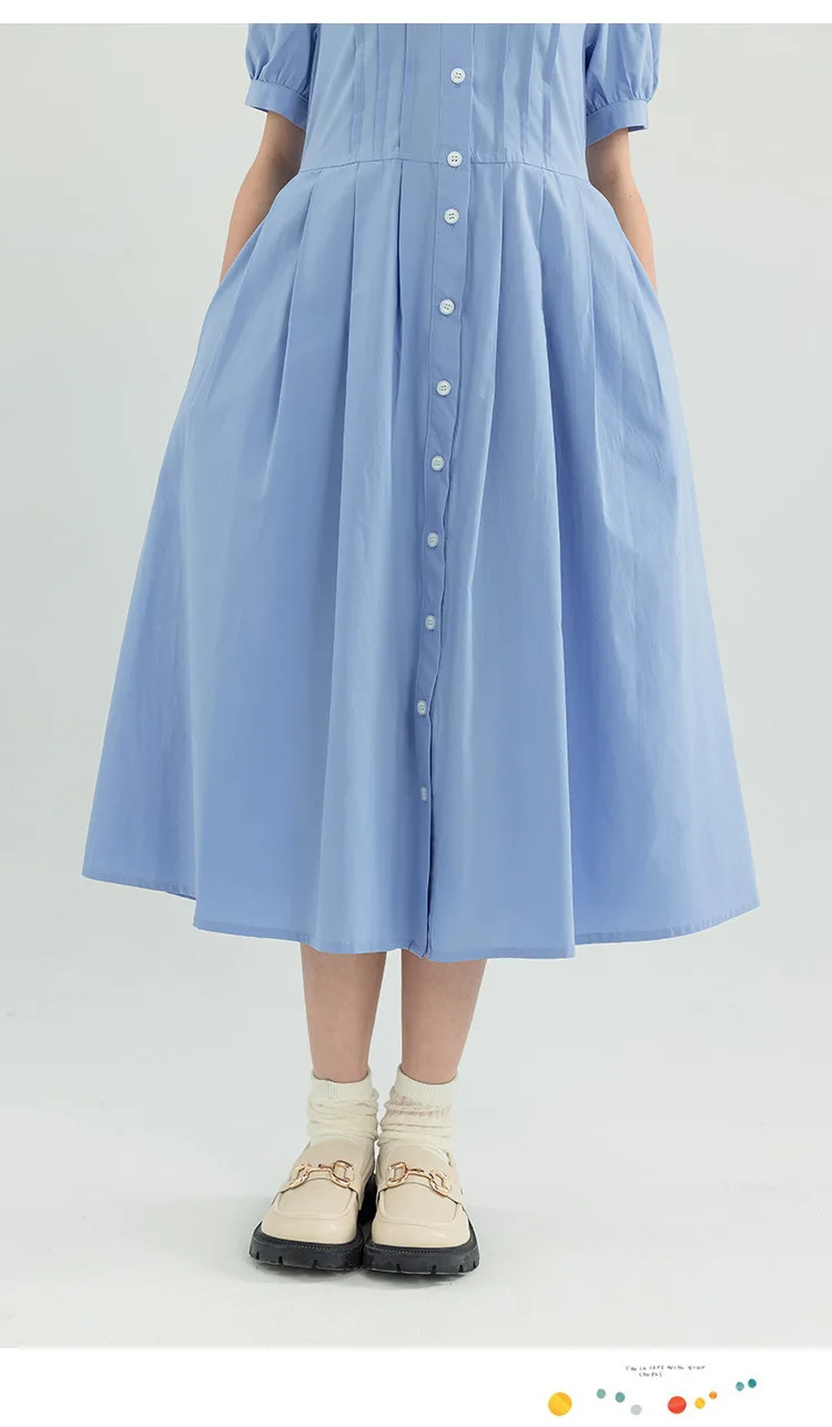 Girls Blue White Cotton Preppy Shirt Midi Dress Collared Button Down Puff Sleeve Back Bow Casual School Summer Kids Sundress