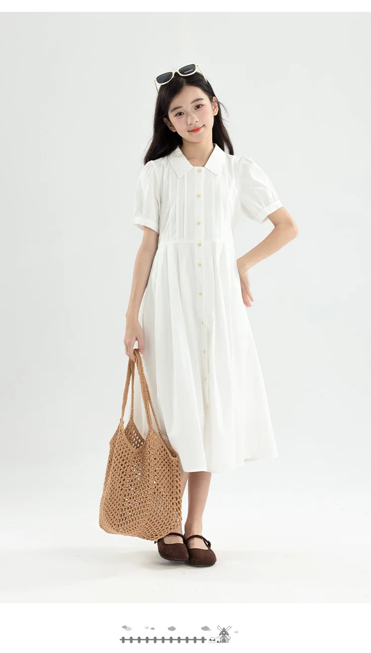 Girls Blue White Cotton Preppy Shirt Midi Dress Collared Button Down Puff Sleeve Back Bow Casual School Summer Kids Sundress