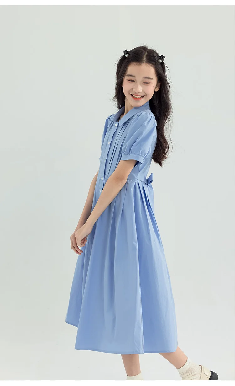Girls Blue White Cotton Preppy Shirt Midi Dress Collared Button Down Puff Sleeve Back Bow Casual School Summer Kids Sundress