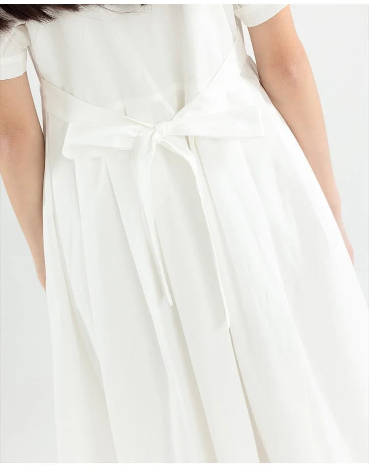 Girls Blue White Cotton Preppy Shirt Midi Dress Collared Button Down Puff Sleeve Back Bow Casual School Summer Kids Sundress