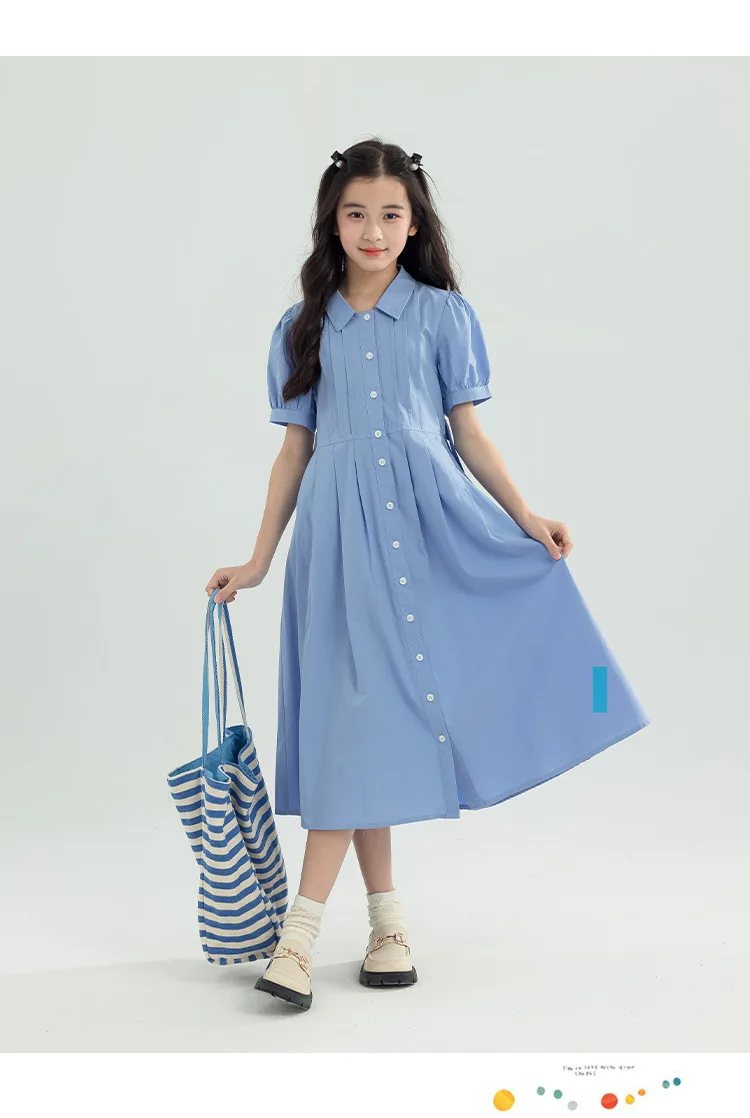 Girls Blue White Cotton Preppy Shirt Midi Dress Collared Button Down Puff Sleeve Back Bow Casual School Summer Kids Sundress