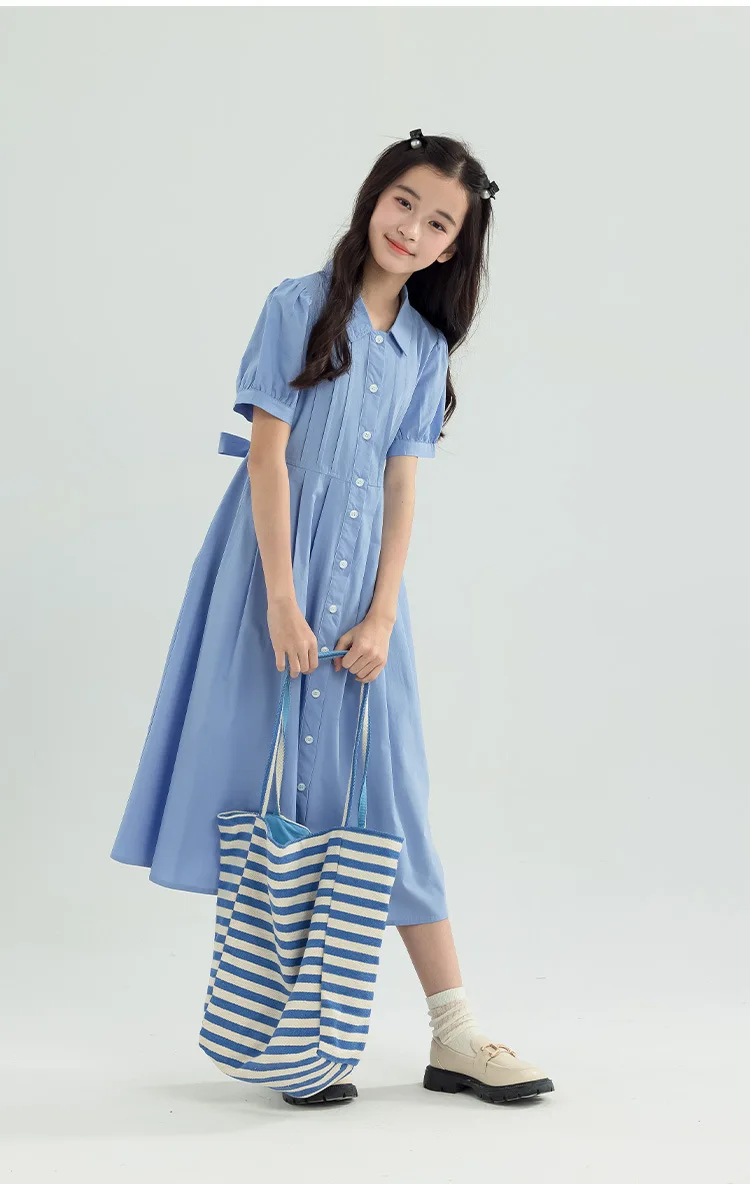 Girls Blue White Cotton Preppy Shirt Midi Dress Collared Button Down Puff Sleeve Back Bow Casual School Summer Kids Sundress