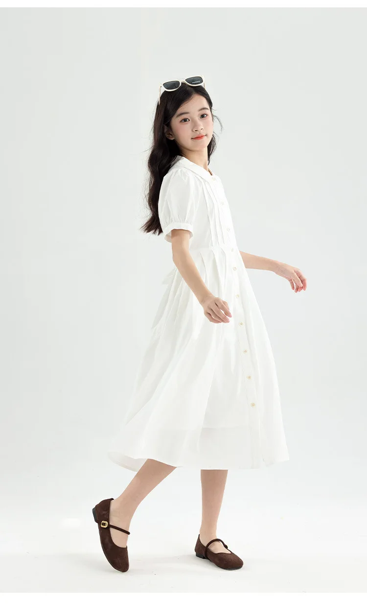 Girls Blue White Cotton Preppy Shirt Midi Dress Collared Button Down Puff Sleeve Back Bow Casual School Summer Kids Sundress