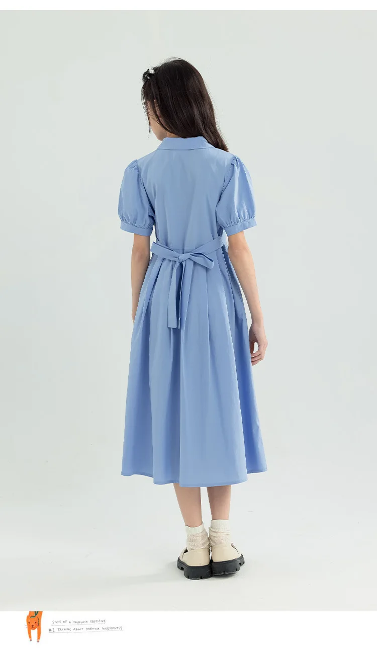 Girls Blue White Cotton Preppy Shirt Midi Dress Collared Button Down Puff Sleeve Back Bow Casual School Summer Kids Sundress