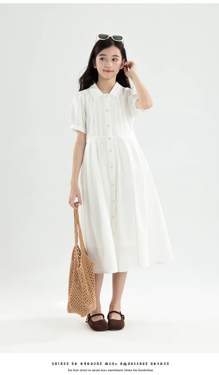 Girls Blue White Cotton Preppy Shirt Midi Dress Collared Button Down Puff Sleeve Back Bow Casual School Summer Kids Sundress