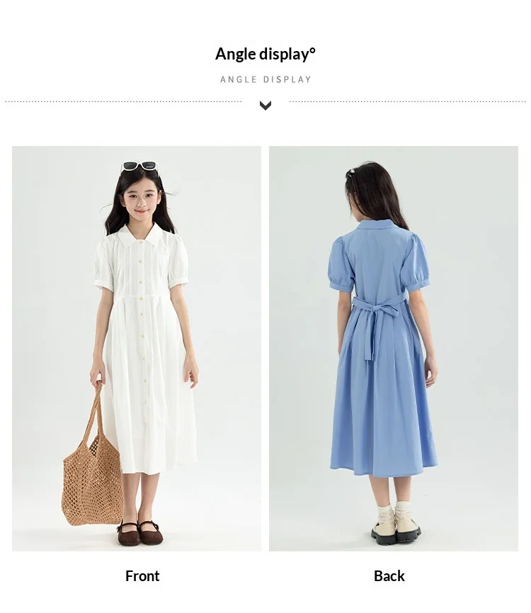 Girls Blue White Cotton Preppy Shirt Midi Dress Collared Button Down Puff Sleeve Back Bow Casual School Summer Kids Sundress