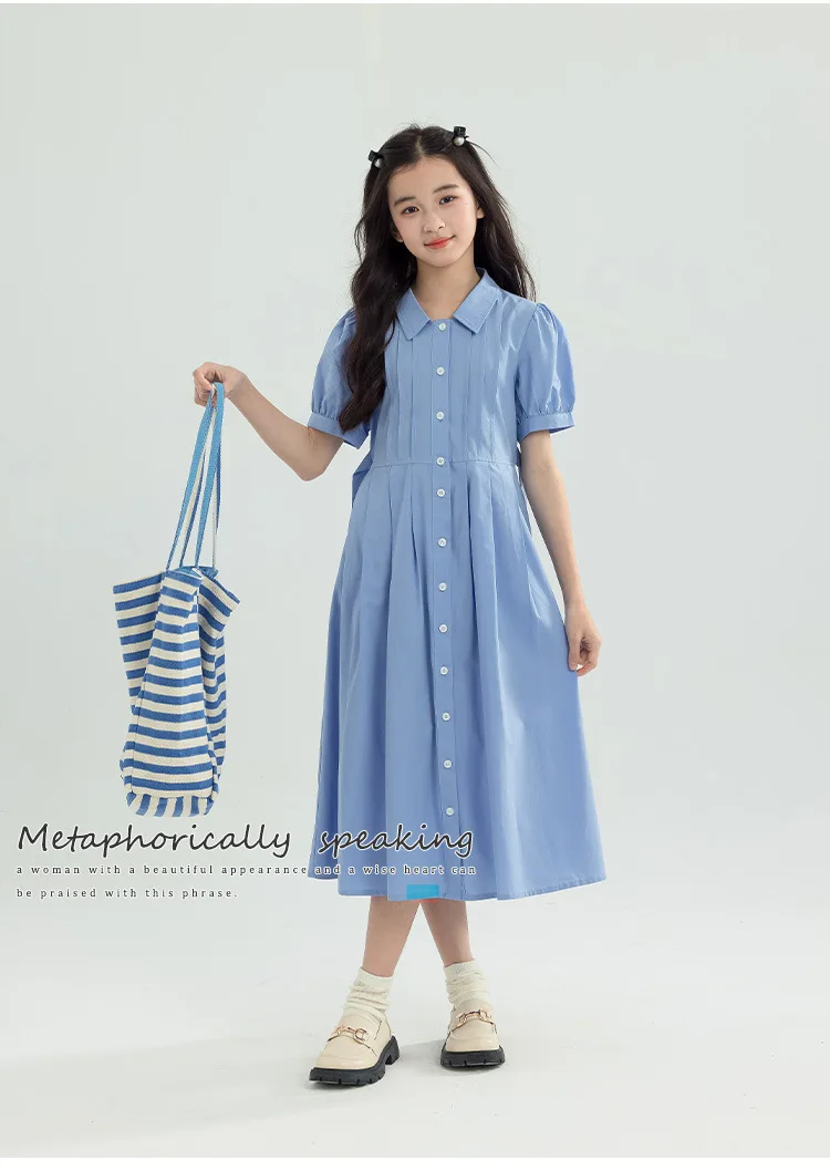 Girls Blue White Cotton Preppy Shirt Midi Dress Collared Button Down Puff Sleeve Back Bow Casual School Summer Kids Sundress
