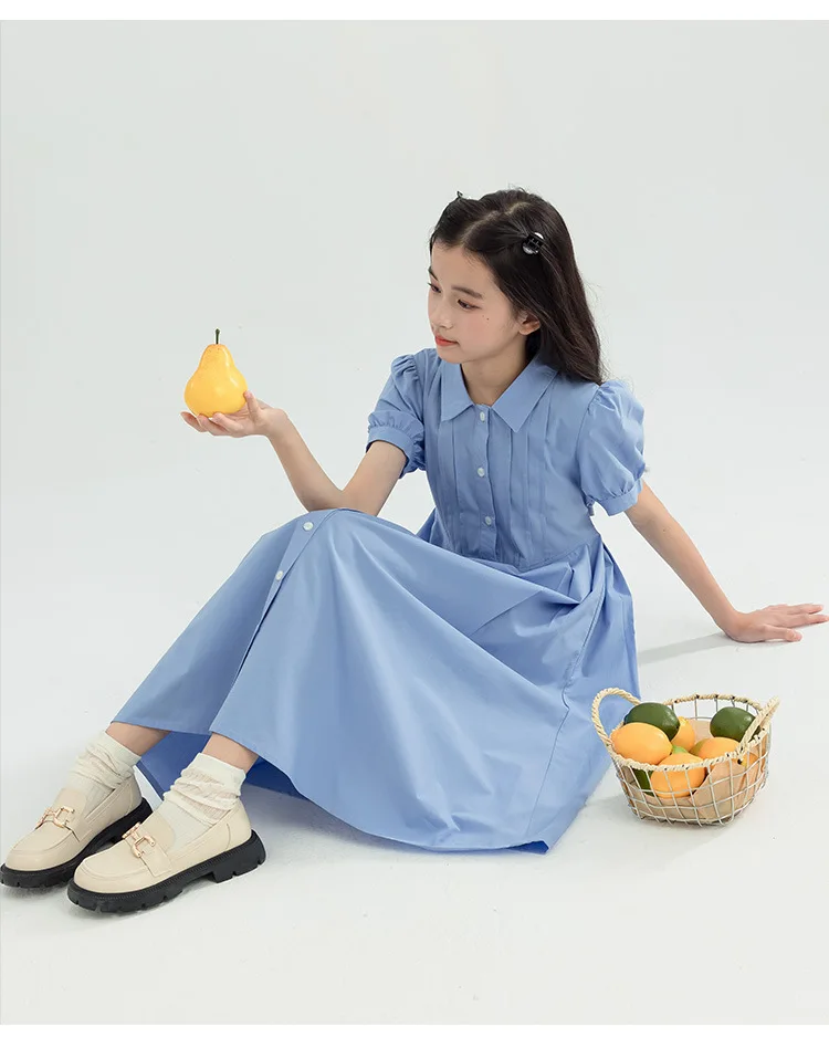 Girls Blue White Cotton Preppy Shirt Midi Dress Collared Button Down Puff Sleeve Back Bow Casual School Summer Kids Sundress