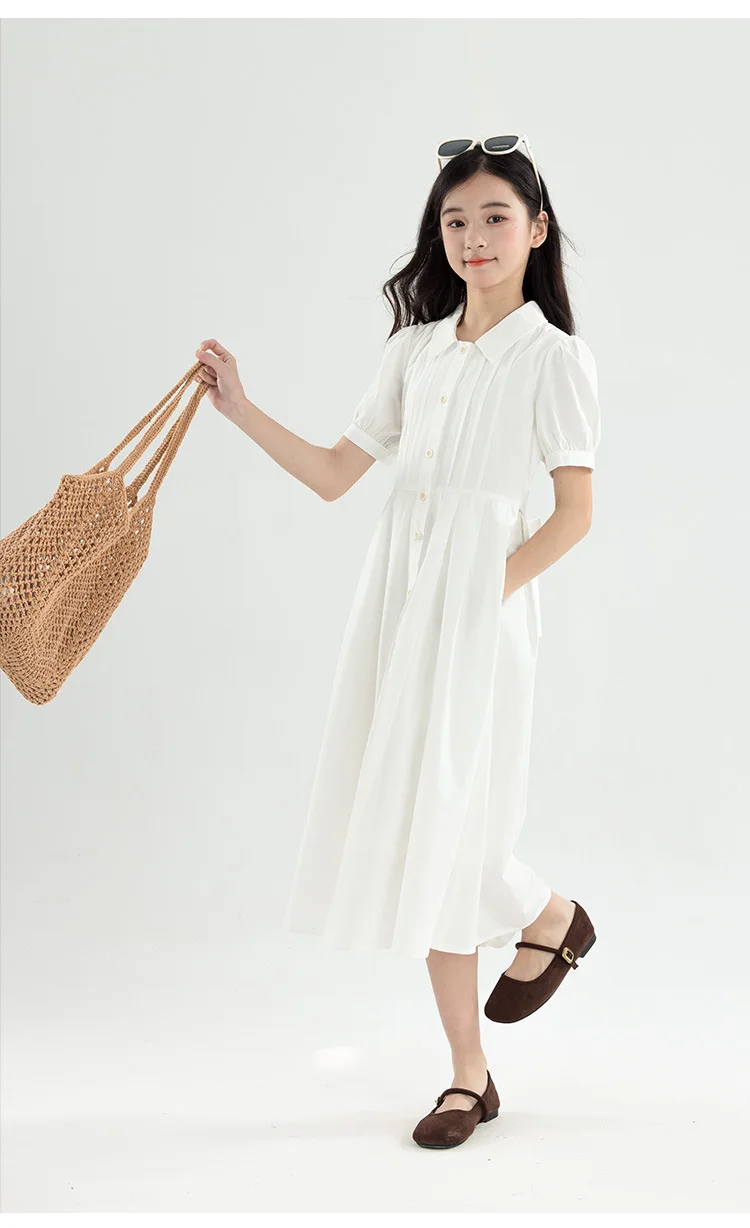 Girls Blue White Cotton Preppy Shirt Midi Dress Collared Button Down Puff Sleeve Back Bow Casual School Summer Kids Sundress