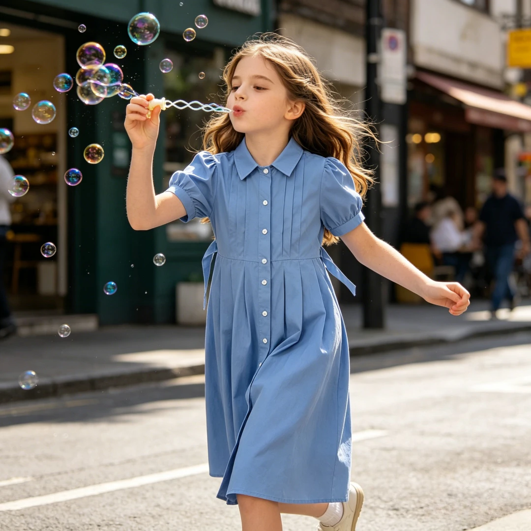 Girls Blue White Cotton Preppy Shirt Midi Dress Collared Button Down Puff Sleeve Back Bow Casual School Summer Kids Sundress