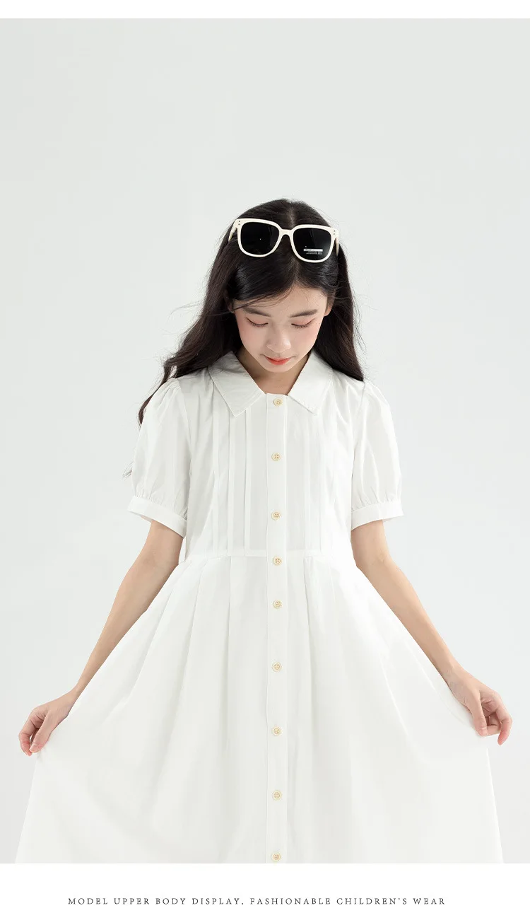 Girls Blue White Cotton Preppy Shirt Midi Dress Collared Button Down Puff Sleeve Back Bow Casual School Summer Kids Sundress