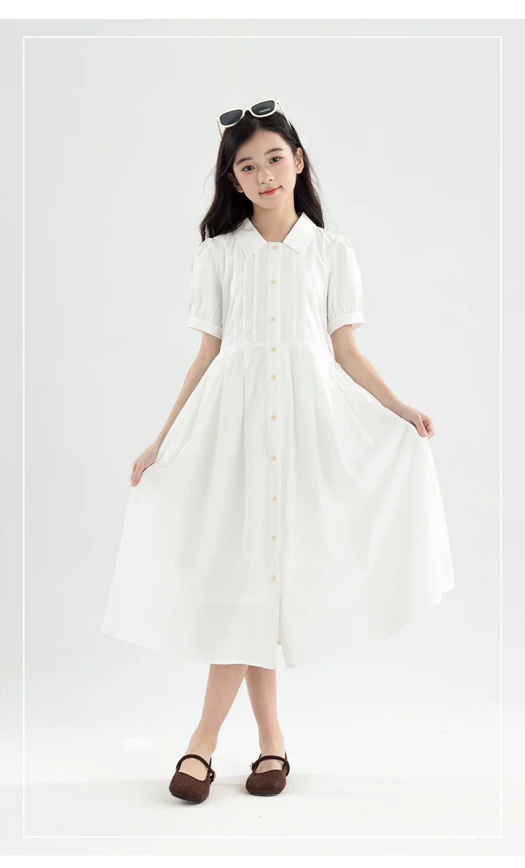 Girls Blue White Cotton Preppy Shirt Midi Dress Collared Button Down Puff Sleeve Back Bow Casual School Summer Kids Sundress