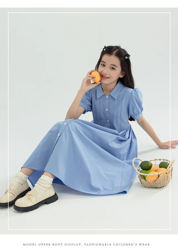 Girls Blue White Cotton Preppy Shirt Midi Dress Collared Button Down Puff Sleeve Back Bow Casual School Summer Kids Sundress