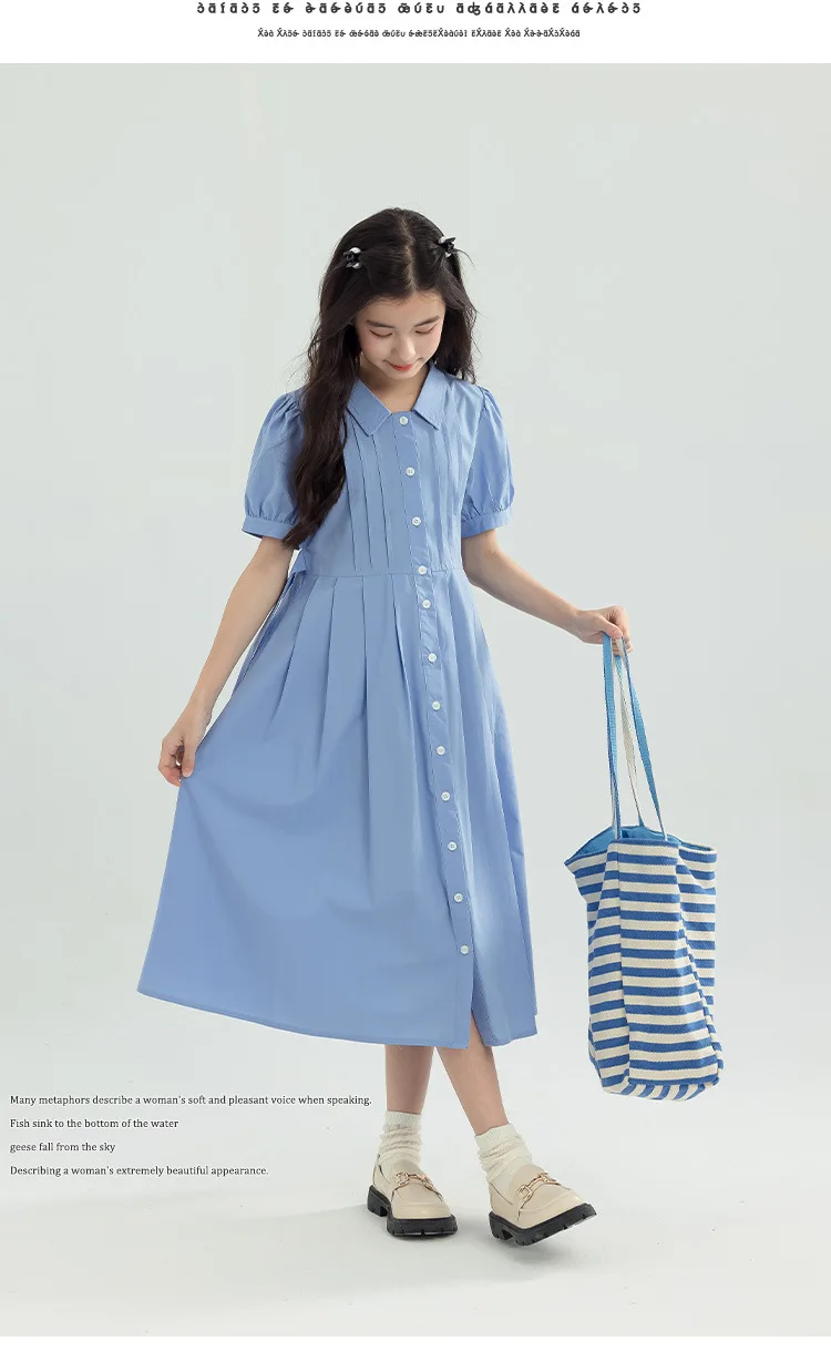 Girls Blue White Cotton Preppy Shirt Midi Dress Collared Button Down Puff Sleeve Back Bow Casual School Summer Kids Sundress