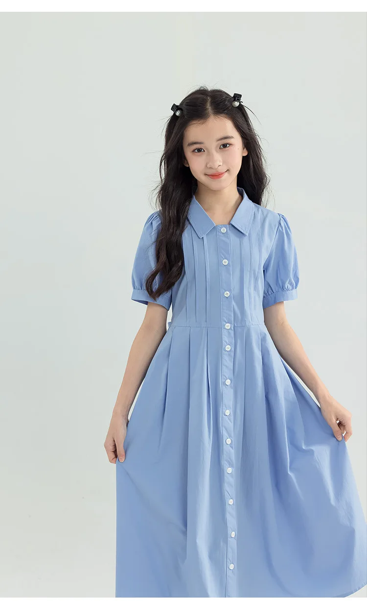 Girls Blue White Cotton Preppy Shirt Midi Dress Collared Button Down Puff Sleeve Back Bow Casual School Summer Kids Sundress