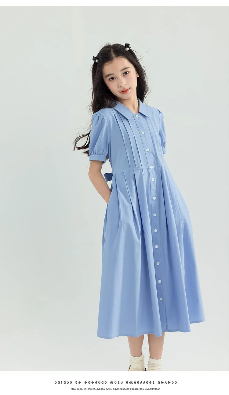 Girls Blue White Cotton Preppy Shirt Midi Dress Collared Button Down Puff Sleeve Back Bow Casual School Summer Kids Sundress