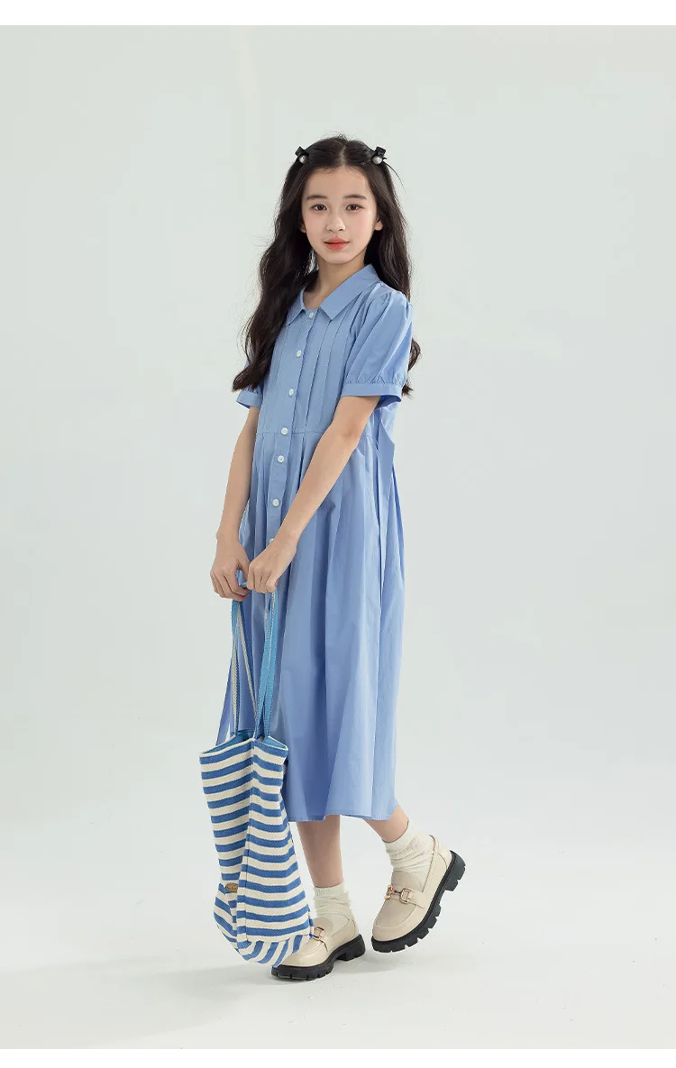 Girls Blue White Cotton Preppy Shirt Midi Dress Collared Button Down Puff Sleeve Back Bow Casual School Summer Kids Sundress