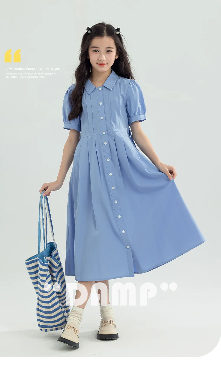 Girls Blue White Cotton Preppy Shirt Midi Dress Collared Button Down Puff Sleeve Back Bow Casual School Summer Kids Sundress