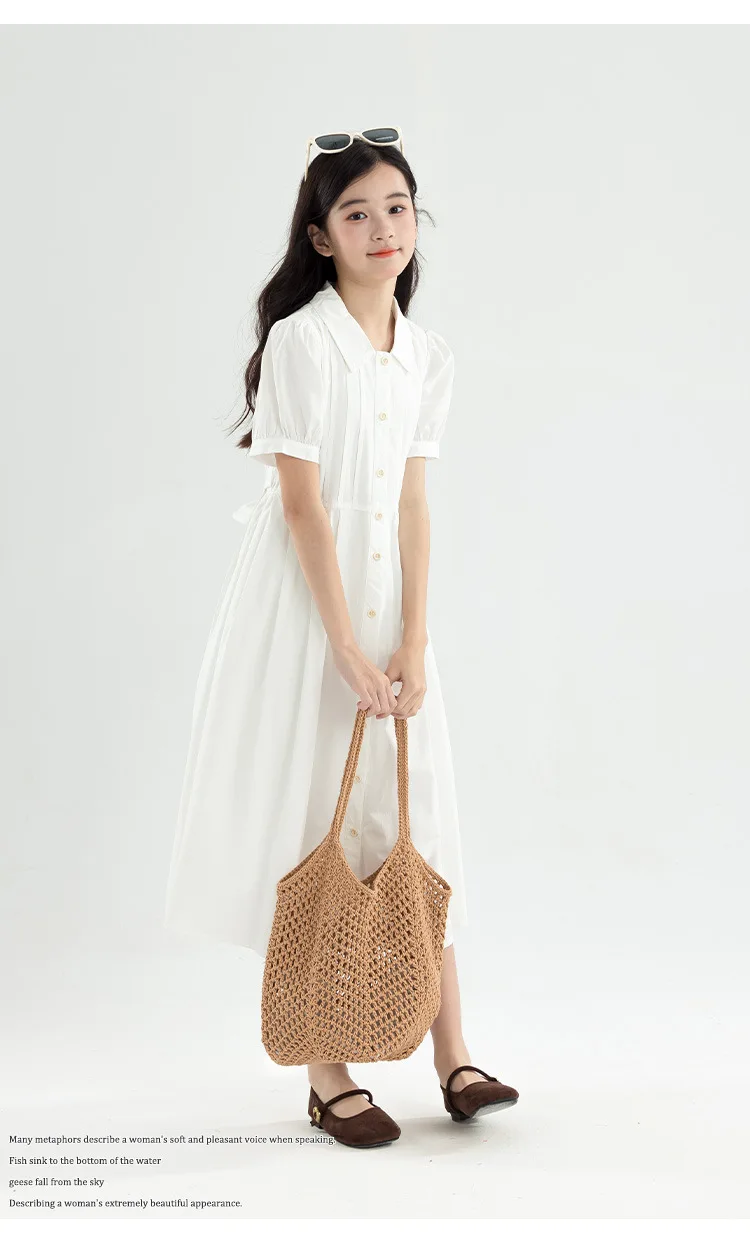 Girls Blue White Cotton Preppy Shirt Midi Dress Collared Button Down Puff Sleeve Back Bow Casual School Summer Kids Sundress