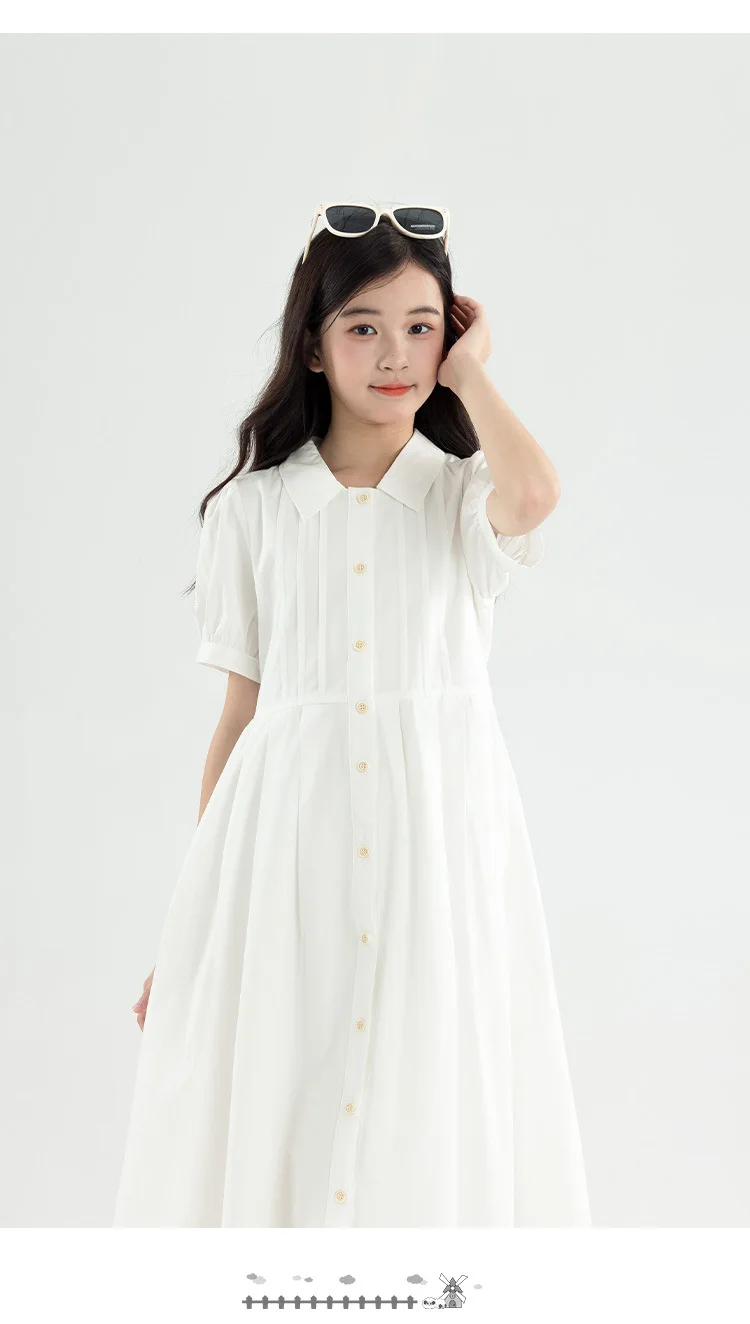 Girls Blue White Cotton Preppy Shirt Midi Dress Collared Button Down Puff Sleeve Back Bow Casual School Summer Kids Sundress