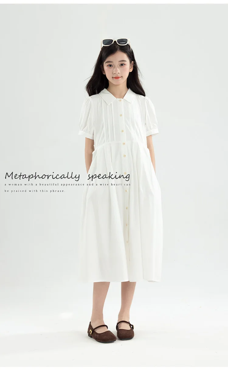 Girls Blue White Cotton Preppy Shirt Midi Dress Collared Button Down Puff Sleeve Back Bow Casual School Summer Kids Sundress