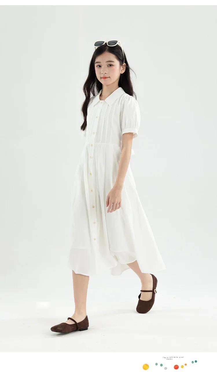 Girls Blue White Cotton Preppy Shirt Midi Dress Collared Button Down Puff Sleeve Back Bow Casual School Summer Kids Sundress