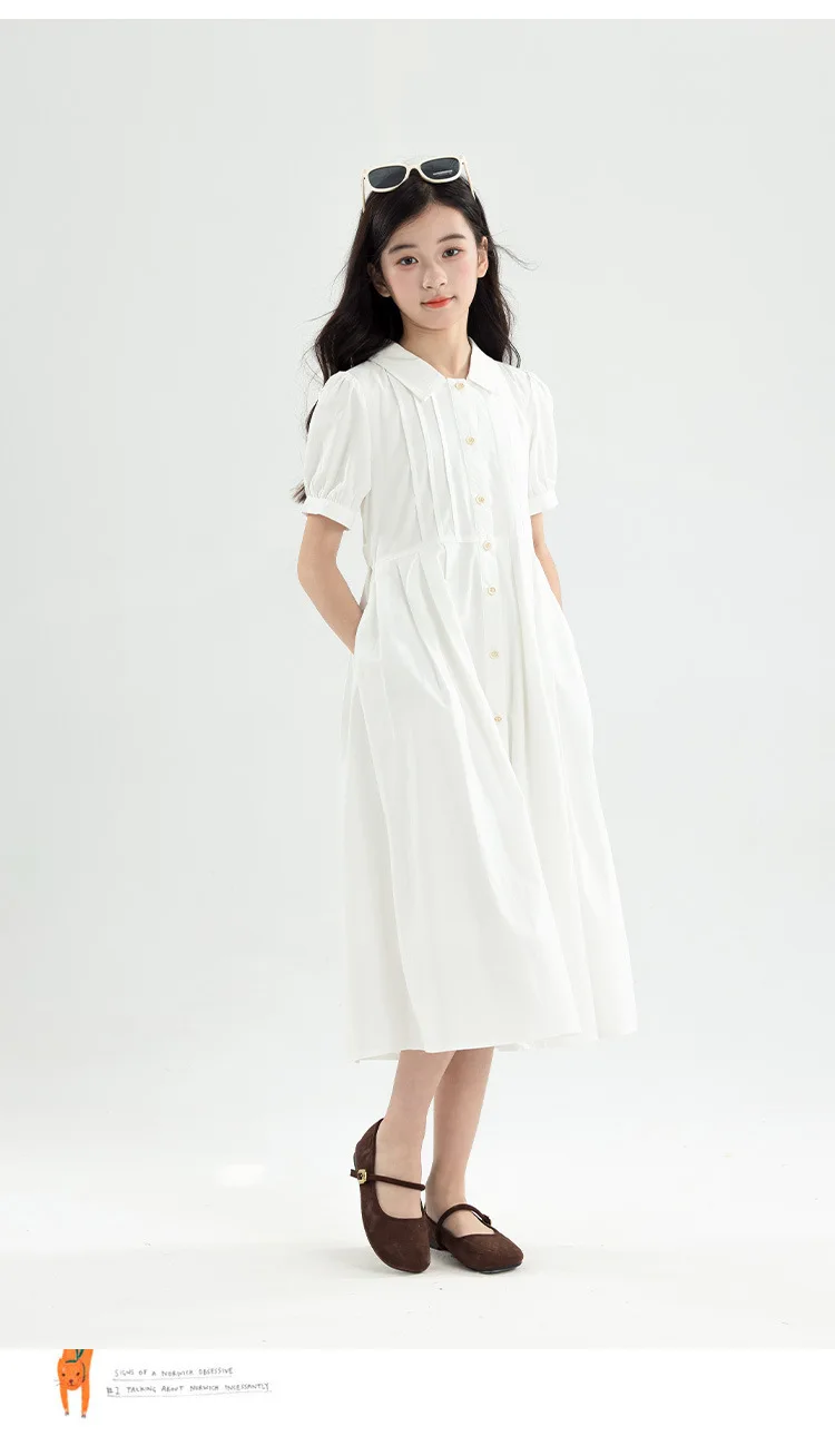 Girls Blue White Cotton Preppy Shirt Midi Dress Collared Button Down Puff Sleeve Back Bow Casual School Summer Kids Sundress