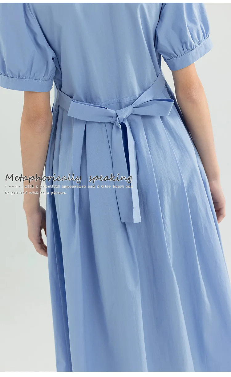 Girls Blue White Cotton Preppy Shirt Midi Dress Collared Button Down Puff Sleeve Back Bow Casual School Summer Kids Sundress
