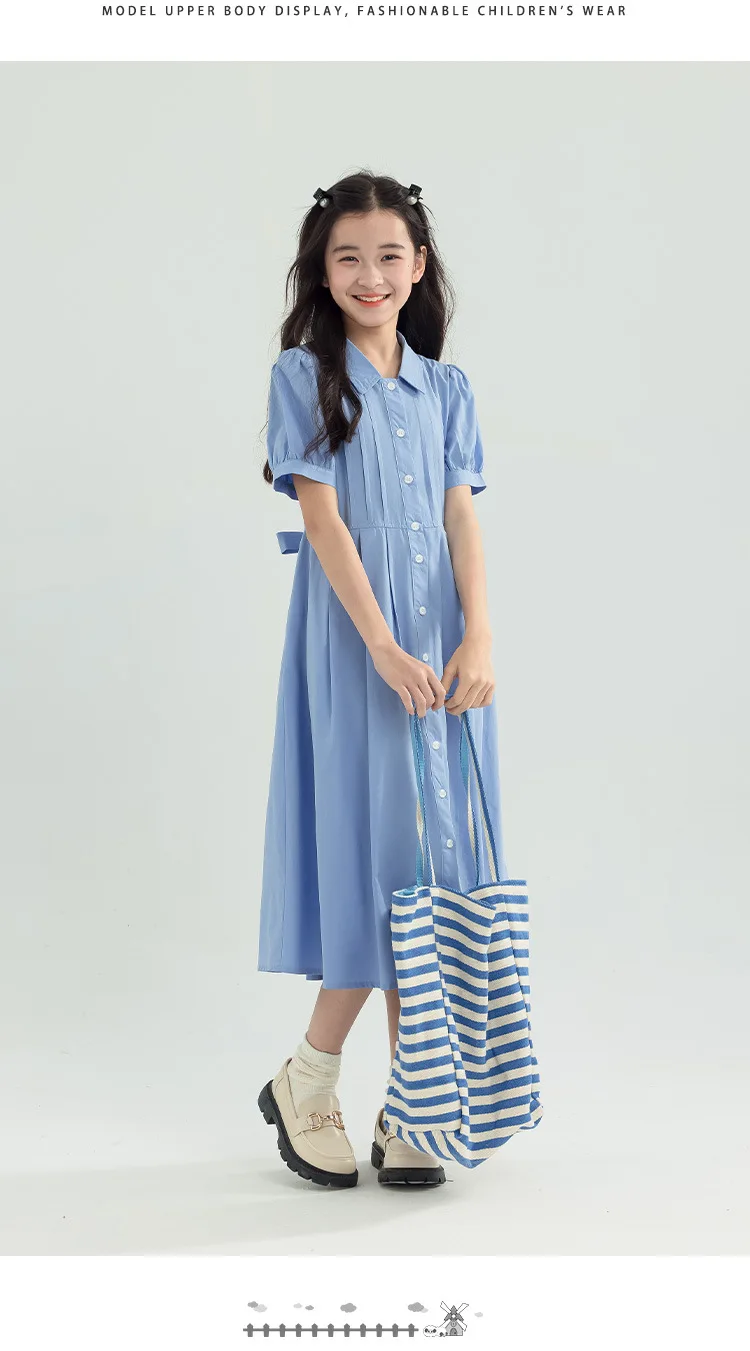 Girls Blue White Cotton Preppy Shirt Midi Dress Collared Button Down Puff Sleeve Back Bow Casual School Summer Kids Sundress