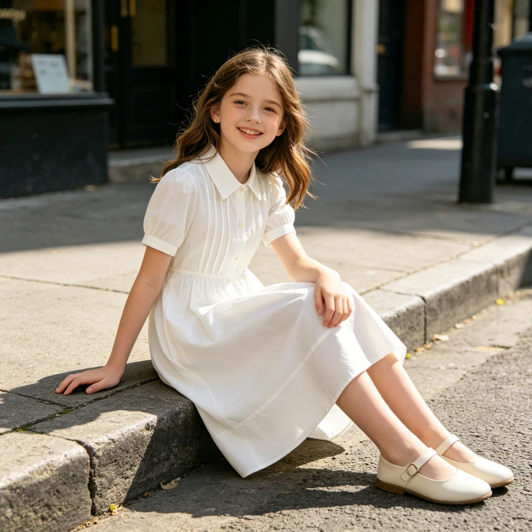 Girls Blue White Cotton Preppy Shirt Midi Dress Collared Button Down Puff Sleeve Back Bow Casual School Summer Kids Sundress