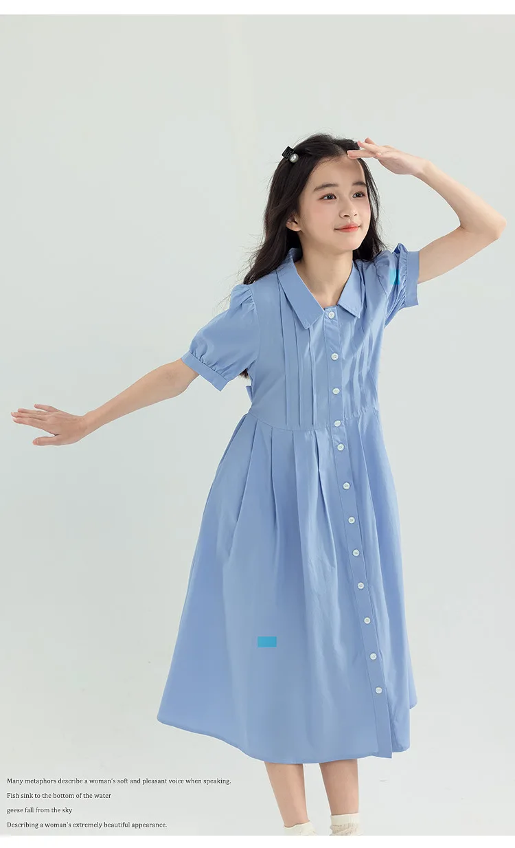 Girls Blue White Cotton Preppy Shirt Midi Dress Collared Button Down Puff Sleeve Back Bow Casual School Summer Kids Sundress