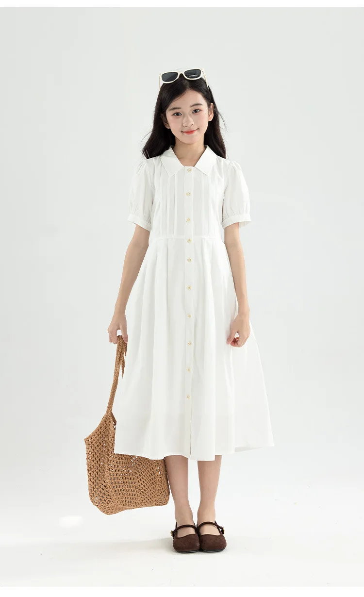 Girls Blue White Cotton Preppy Shirt Midi Dress Collared Button Down Puff Sleeve Back Bow Casual School Summer Kids Sundress