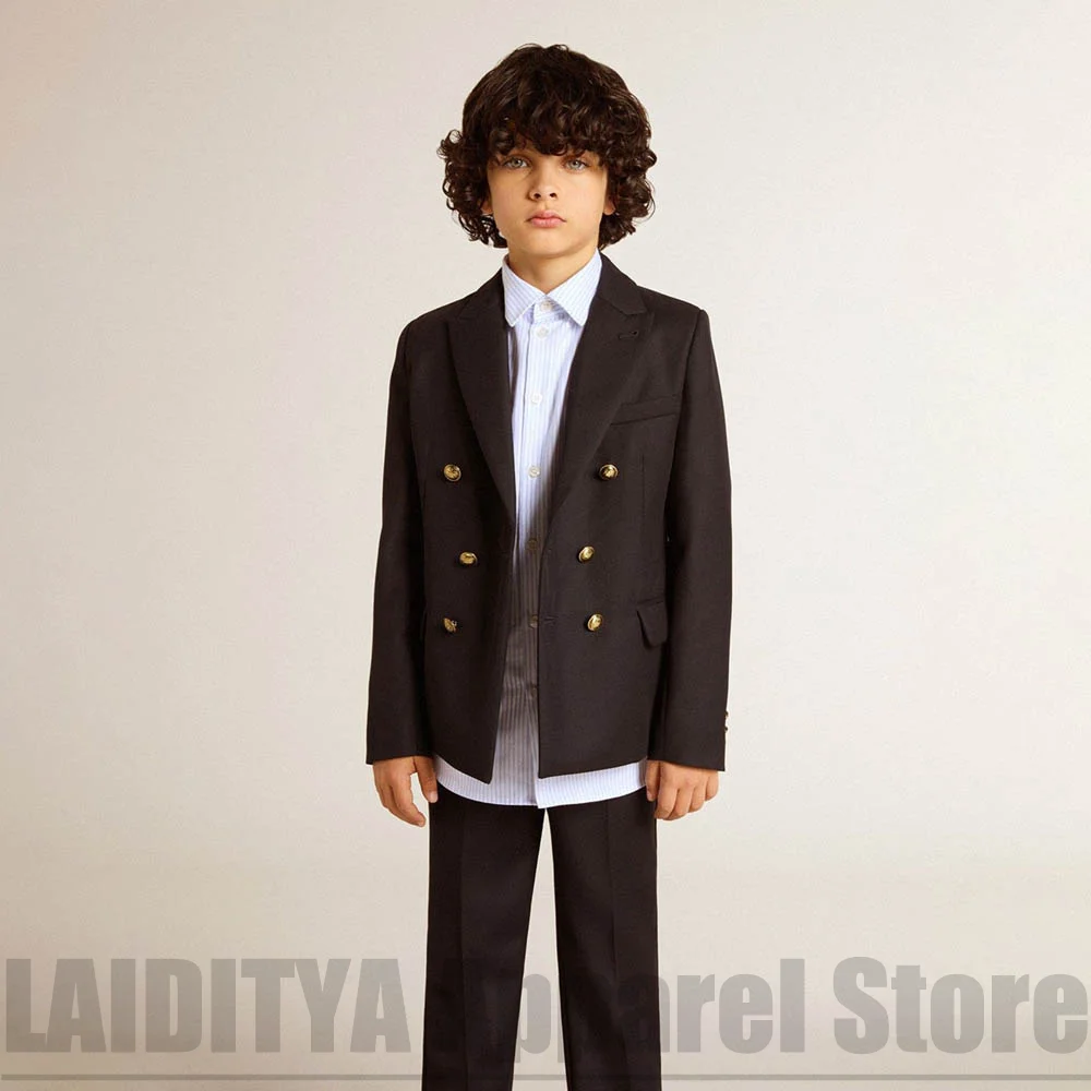 Boys Formal Suit 2 Piece Double Breasted Children Daily Casual Outfit Blazer Trousers Gold Buttons Banquet Party Costume
