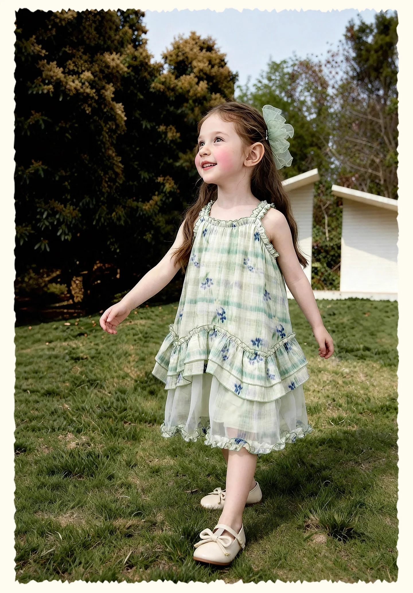 Amila 2026 Summer New Style Girls' Dress Watercolor Gradient Floral Ruffle Mesh Gentle And Sweet Literary Style Strap Dress