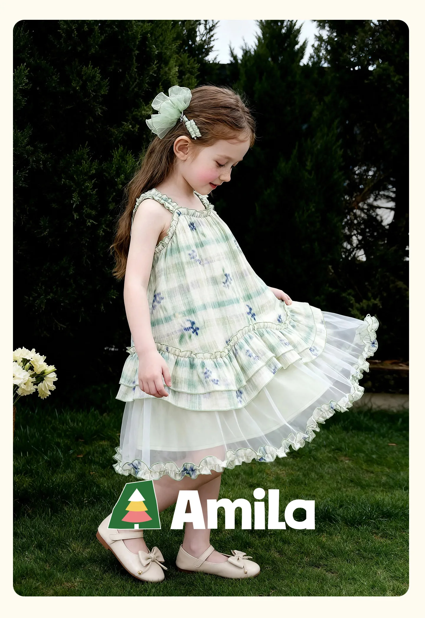 Amila 2026 Summer New Style Girls' Dress Watercolor Gradient Floral Ruffle Mesh Gentle And Sweet Literary Style Strap Dress