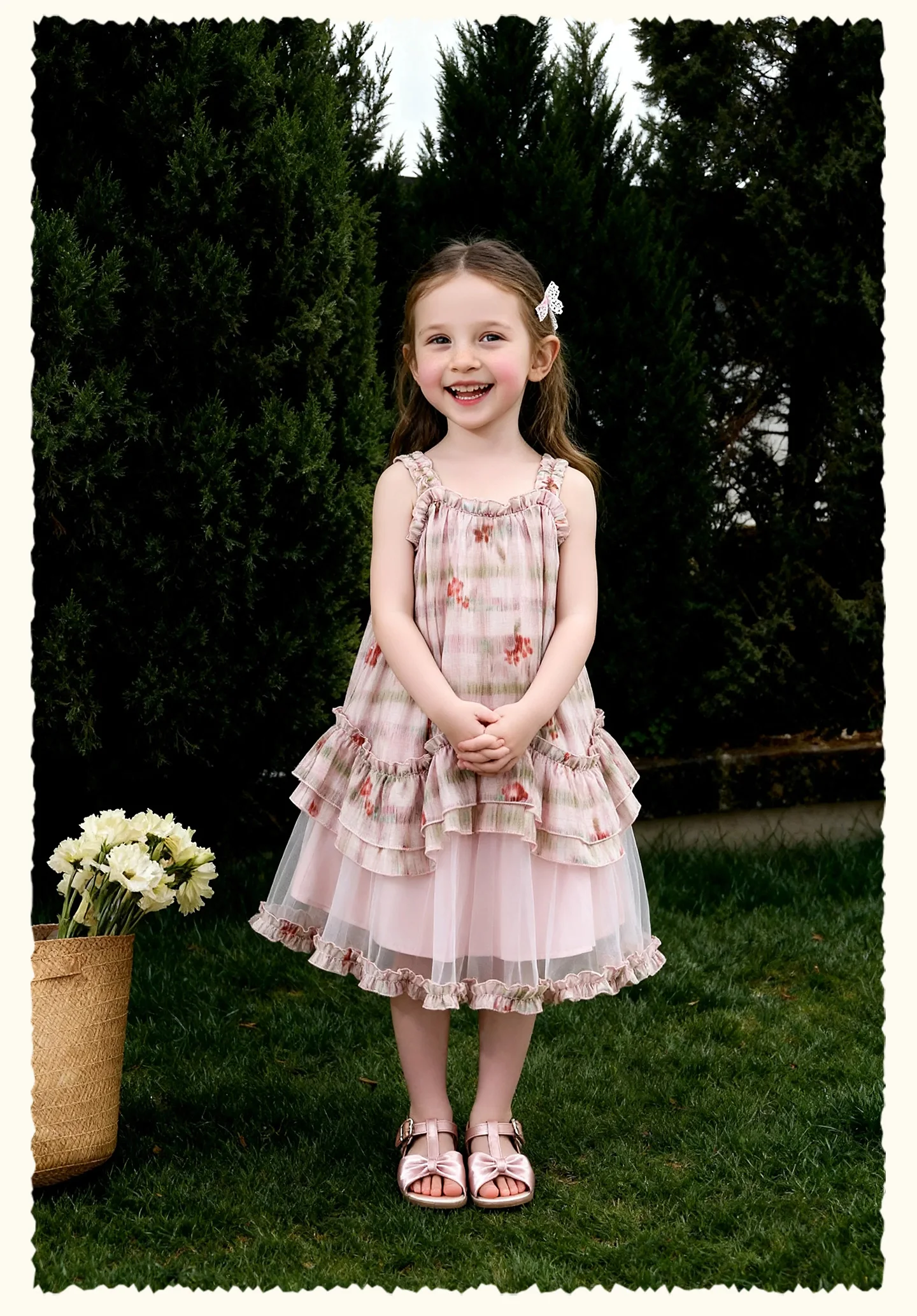 Amila 2026 Summer New Style Girls' Dress Watercolor Gradient Floral Ruffle Mesh Gentle And Sweet Literary Style Strap Dress