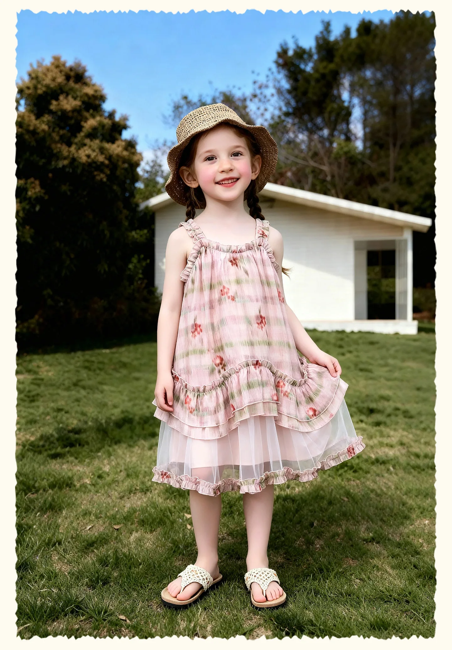 Amila 2026 Summer New Style Girls' Dress Watercolor Gradient Floral Ruffle Mesh Gentle And Sweet Literary Style Strap Dress