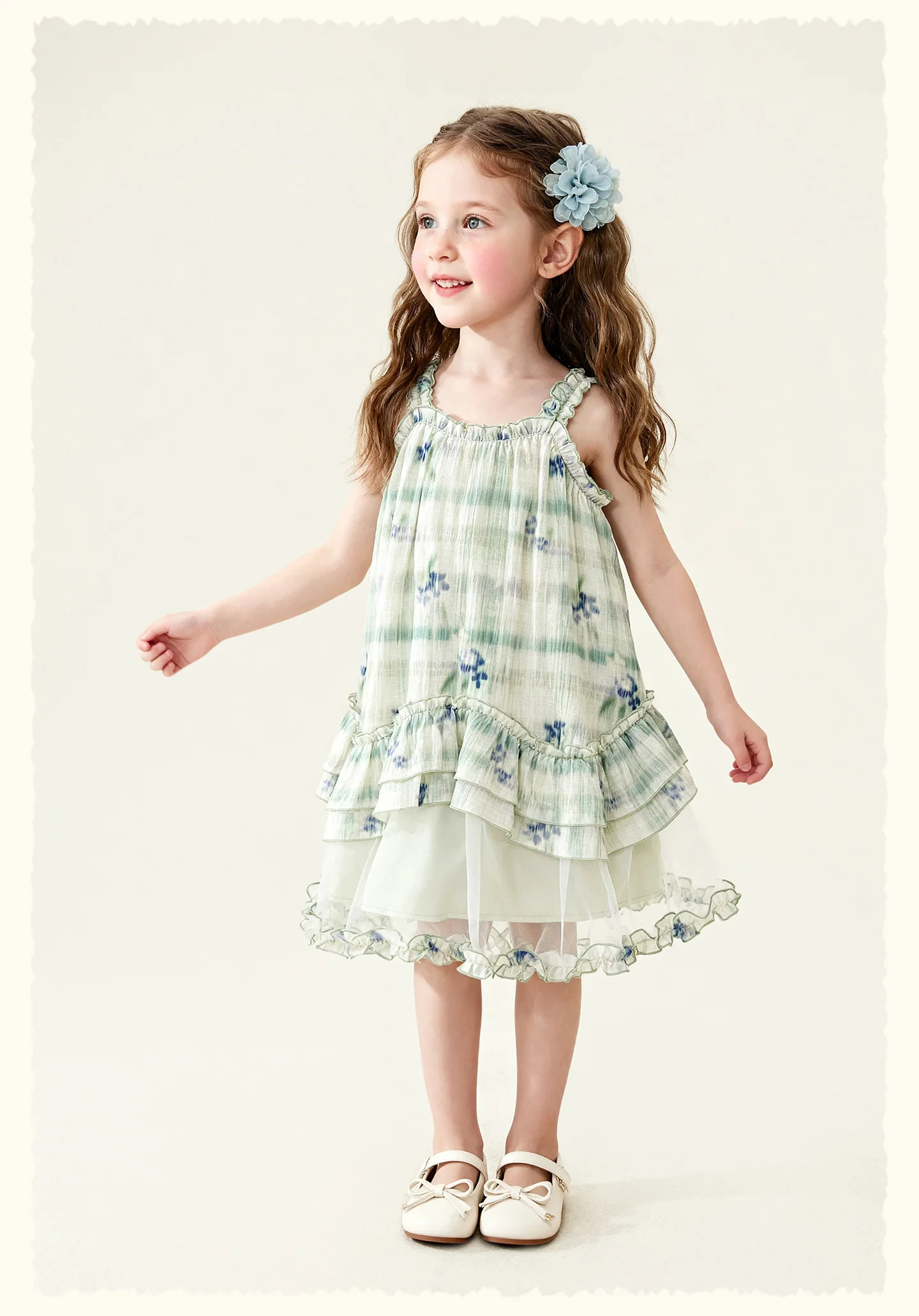 Amila 2026 Summer New Style Girls' Dress Watercolor Gradient Floral Ruffle Mesh Gentle And Sweet Literary Style Strap Dress