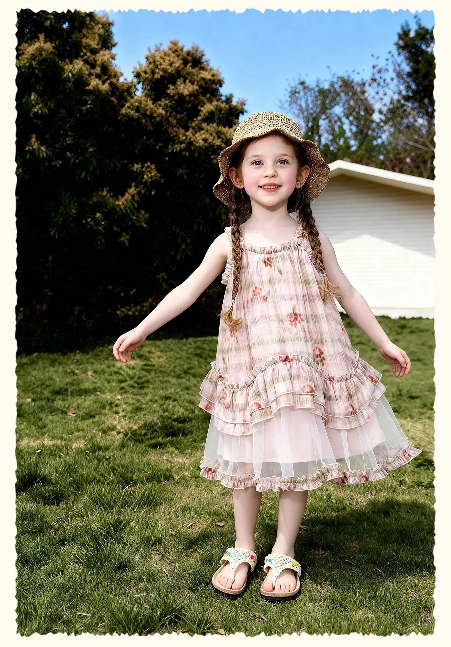 Amila 2026 Summer New Style Girls' Dress Watercolor Gradient Floral Ruffle Mesh Gentle And Sweet Literary Style Strap Dress