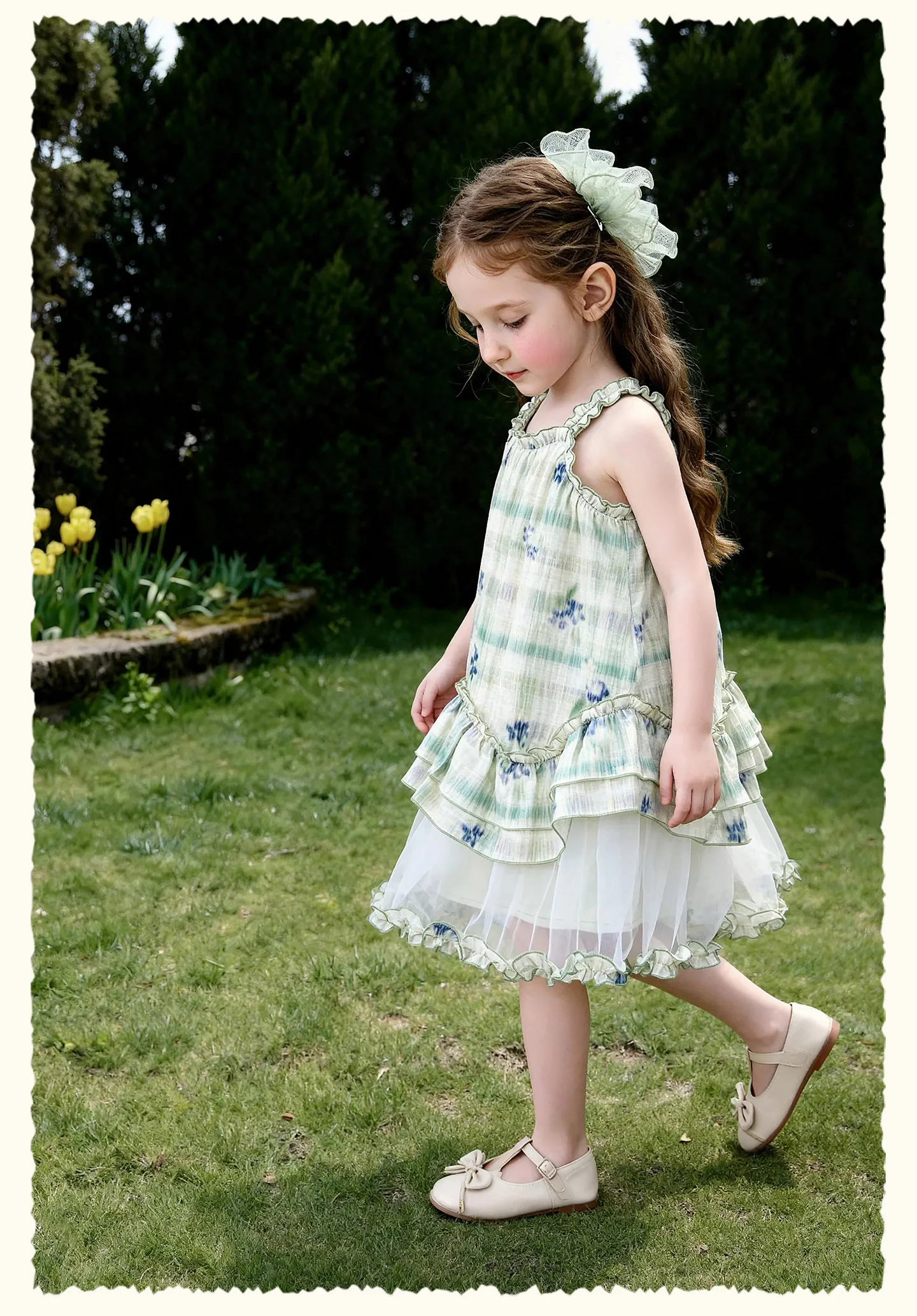 Amila 2026 Summer New Style Girls' Dress Watercolor Gradient Floral Ruffle Mesh Gentle And Sweet Literary Style Strap Dress