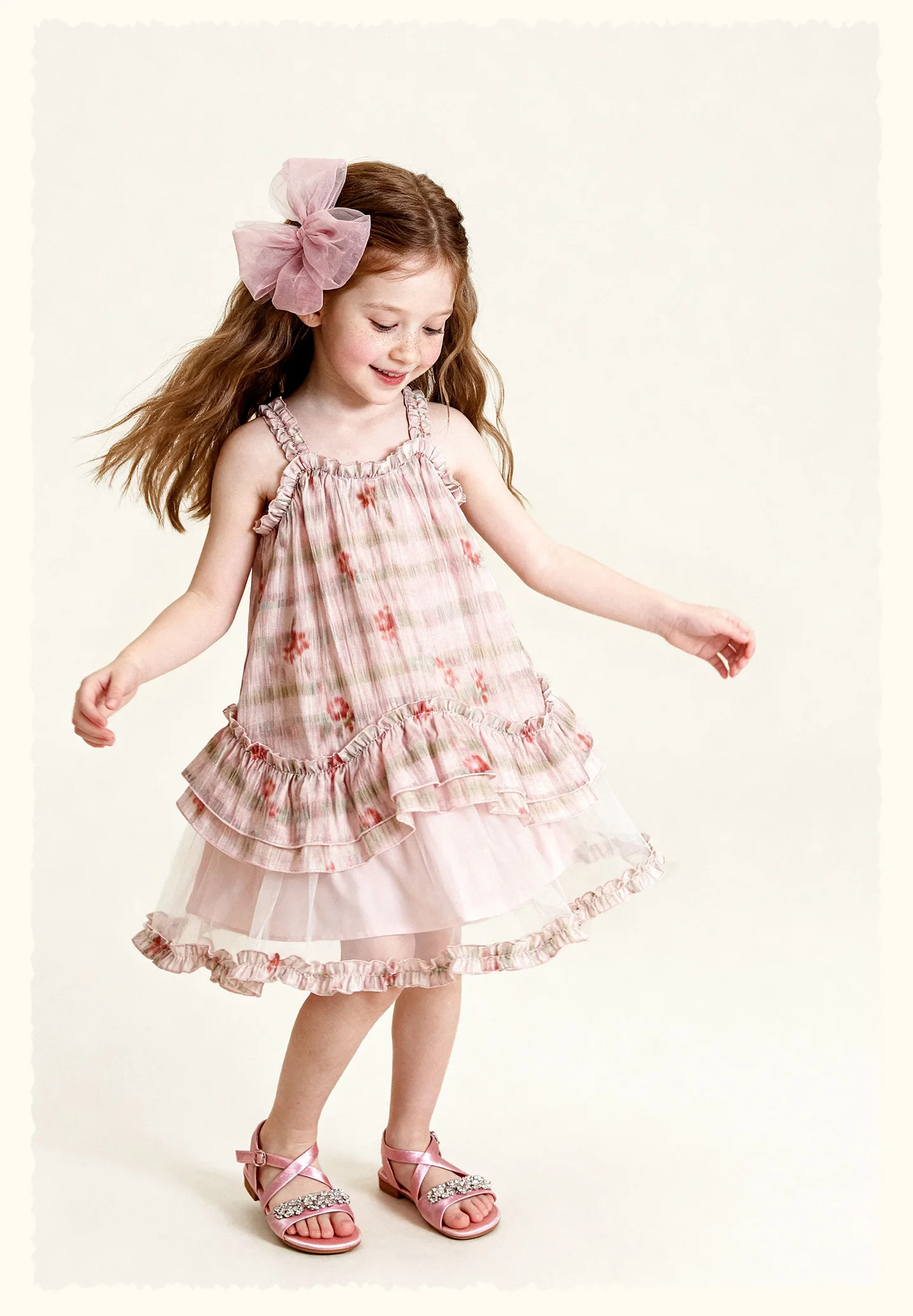 Amila 2026 Summer New Style Girls' Dress Watercolor Gradient Floral Ruffle Mesh Gentle And Sweet Literary Style Strap Dress