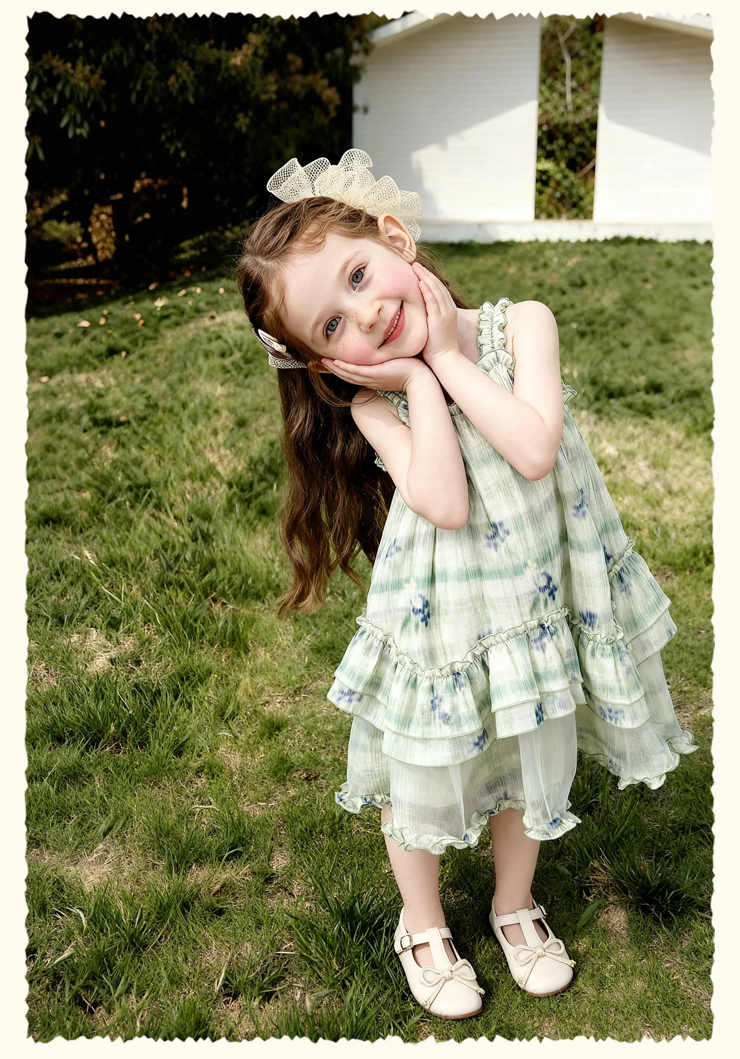 Amila 2026 Summer New Style Girls' Dress Watercolor Gradient Floral Ruffle Mesh Gentle And Sweet Literary Style Strap Dress