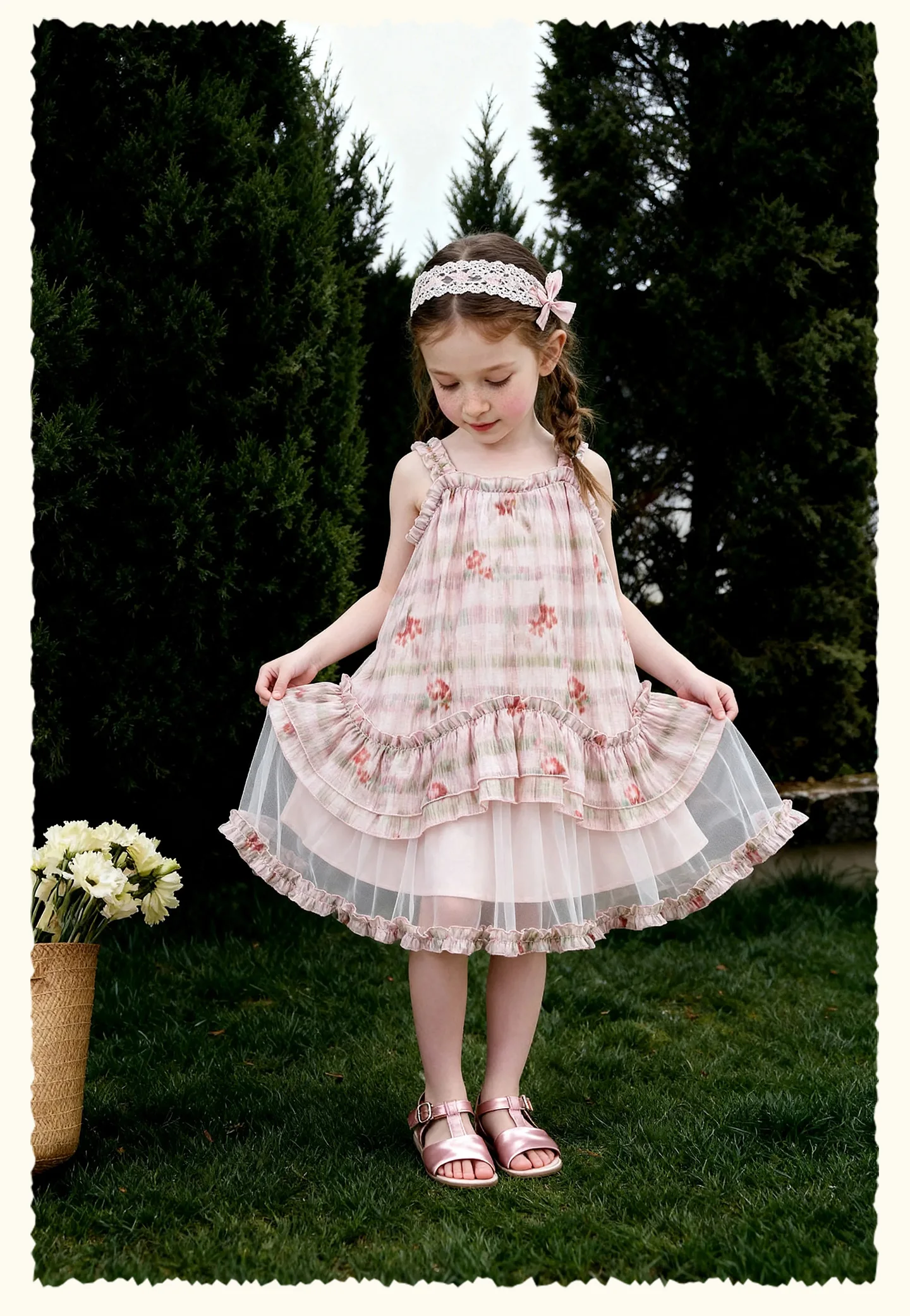 Amila 2026 Summer New Style Girls' Dress Watercolor Gradient Floral Ruffle Mesh Gentle And Sweet Literary Style Strap Dress