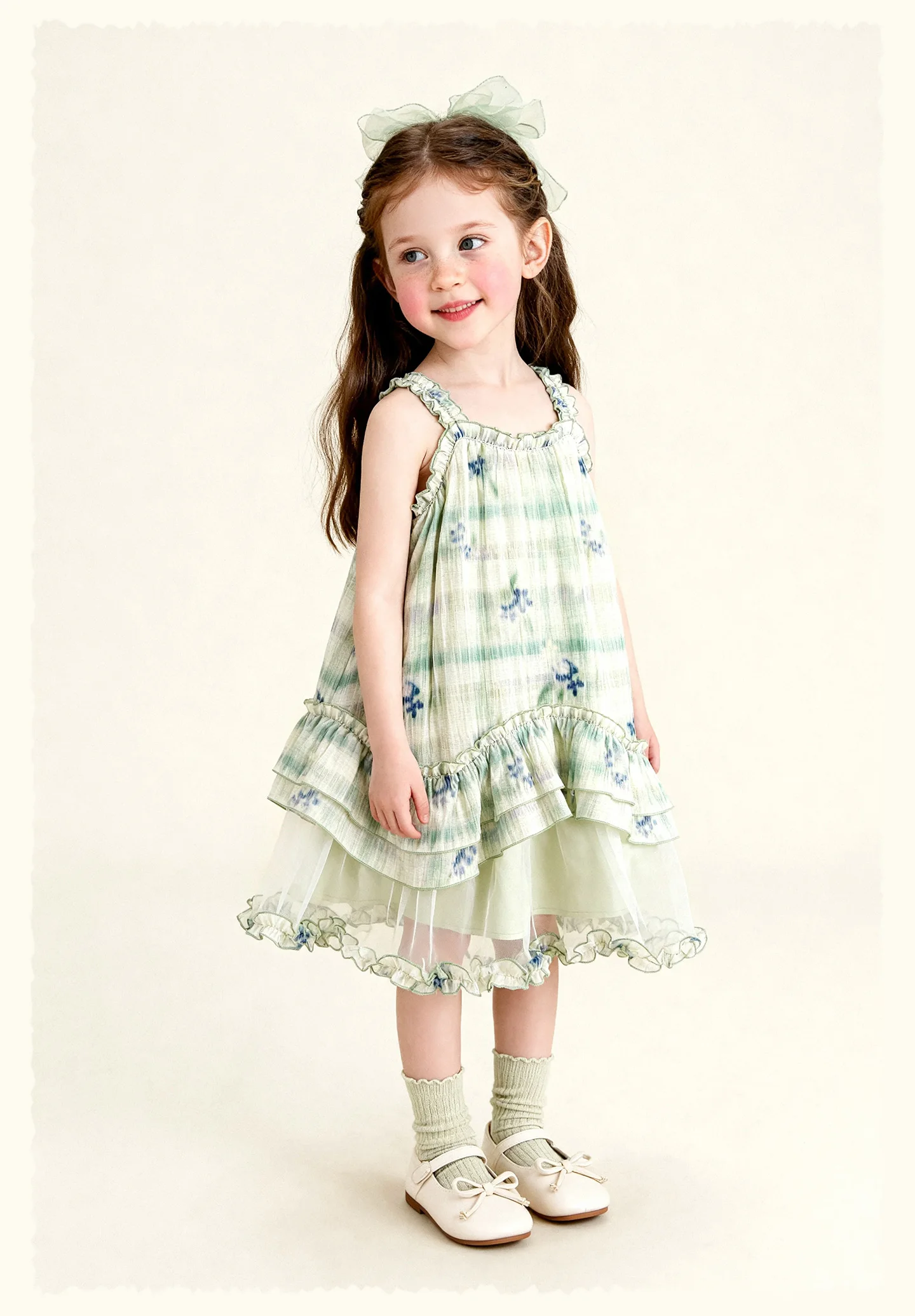 Amila 2026 Summer New Style Girls' Dress Watercolor Gradient Floral Ruffle Mesh Gentle And Sweet Literary Style Strap Dress