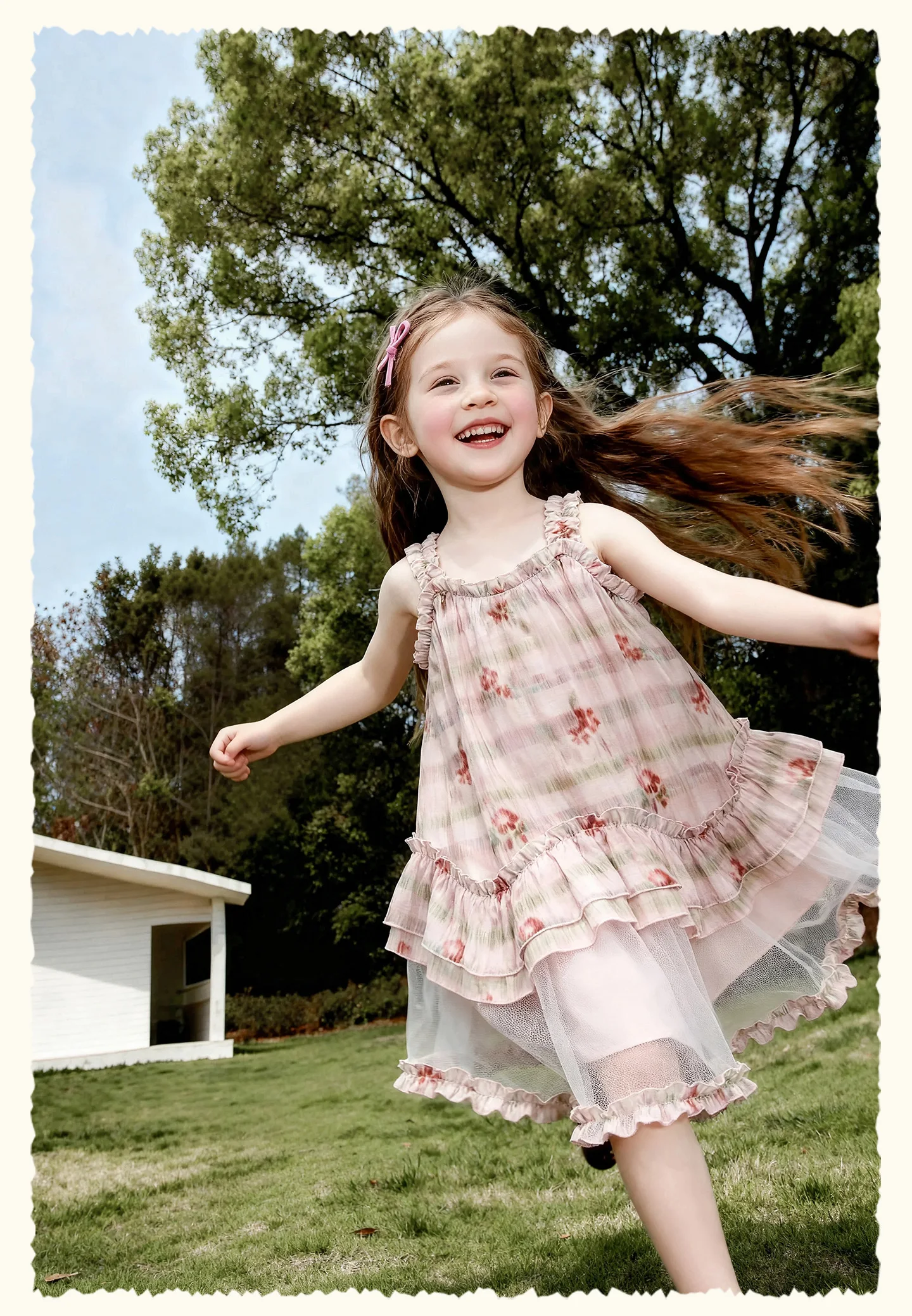 Amila 2026 Summer New Style Girls' Dress Watercolor Gradient Floral Ruffle Mesh Gentle And Sweet Literary Style Strap Dress