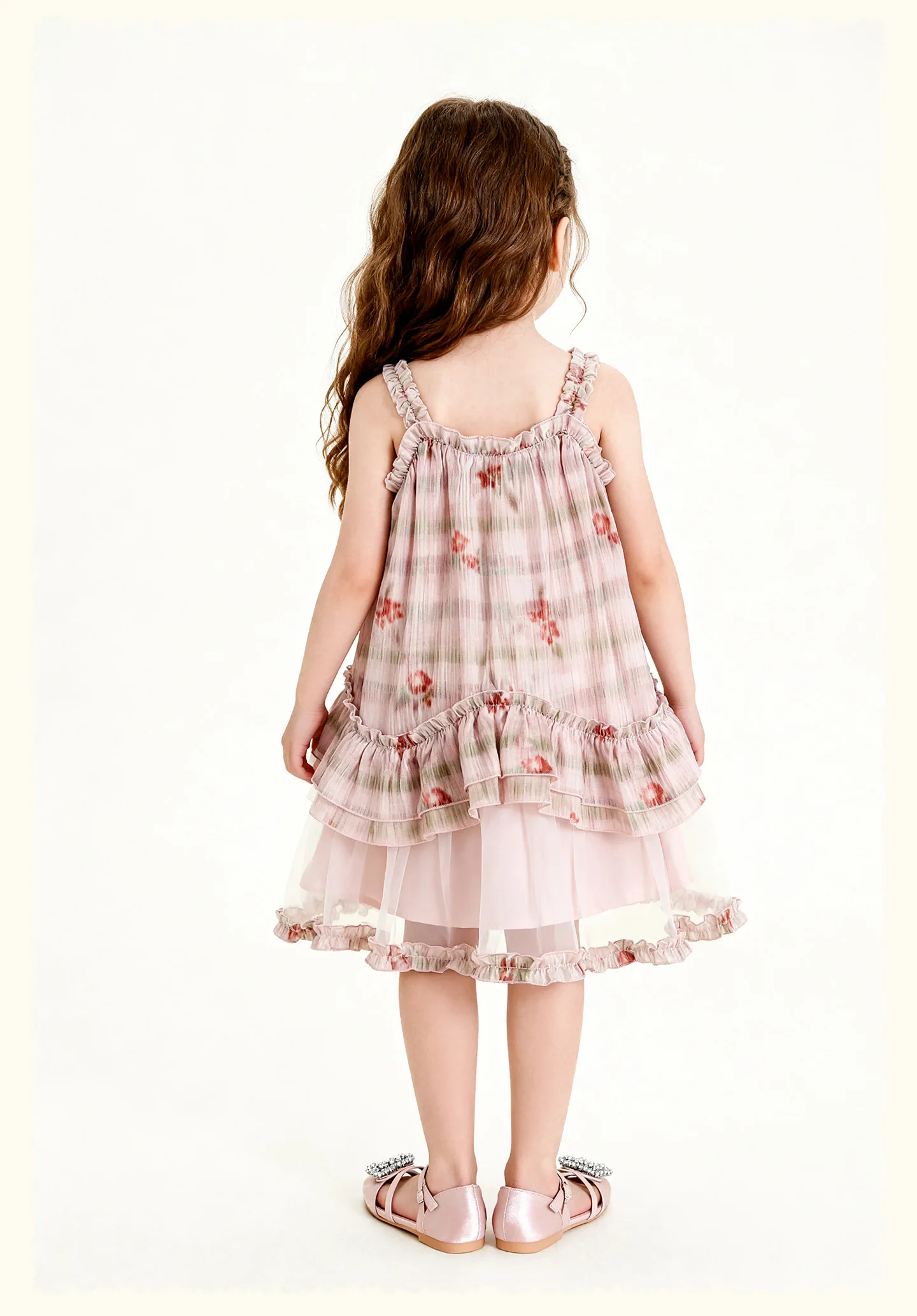 Amila 2026 Summer New Style Girls' Dress Watercolor Gradient Floral Ruffle Mesh Gentle And Sweet Literary Style Strap Dress