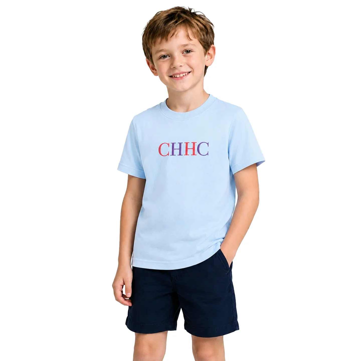 CH Trend Boys Crew Neck Contrast CHHC Embroidery Straight Hem Short Sleeve Tee Party Daily Top